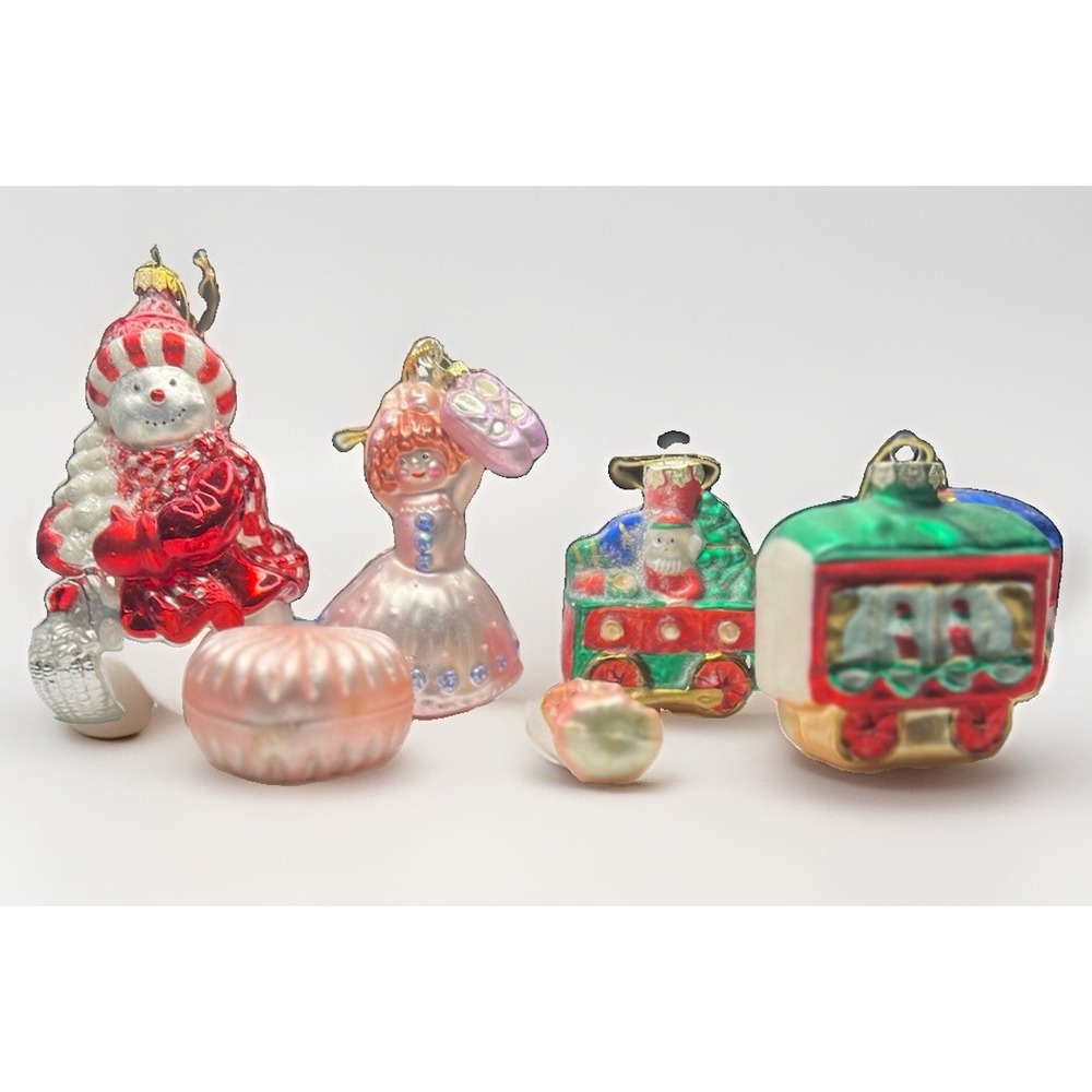 Lot 7 Shatterproof Plastic Christmas Ornaments Train Snowman Pink Retro Style